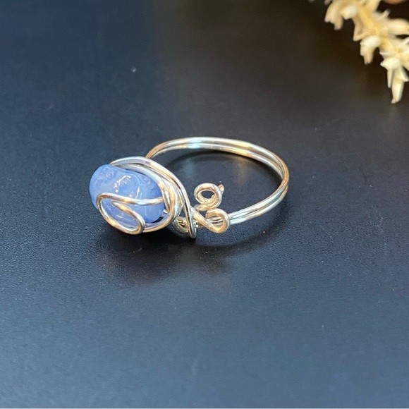 Silver Plated Wire Wrapped Blue Chalcedony Ring - Picture 2 of 3